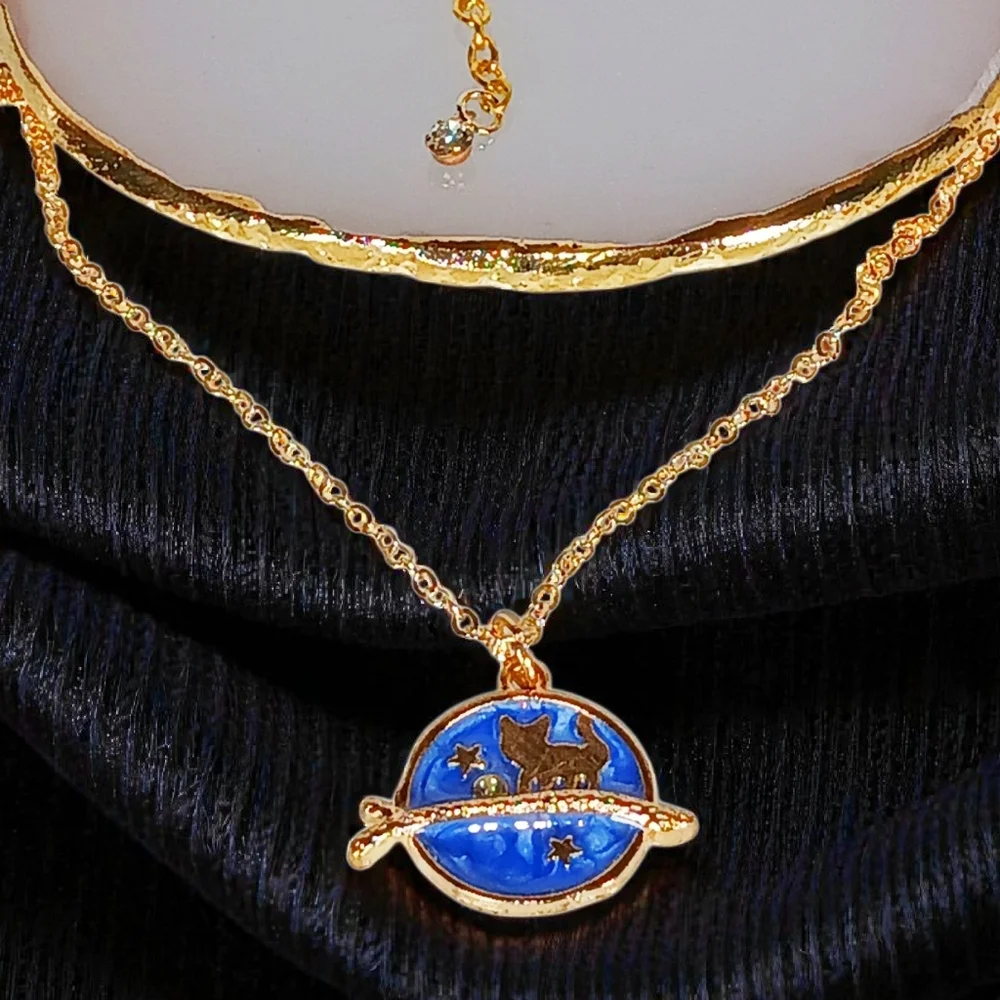 Long Coin Disc Necklace Galactic Cat Pendant Whimsygoth 1990s New Age Grunge